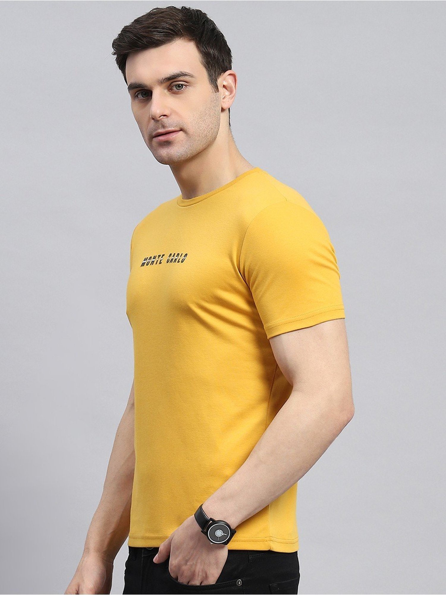 Monte Carlo Mustard Cotton Regular Fit T-Shirt