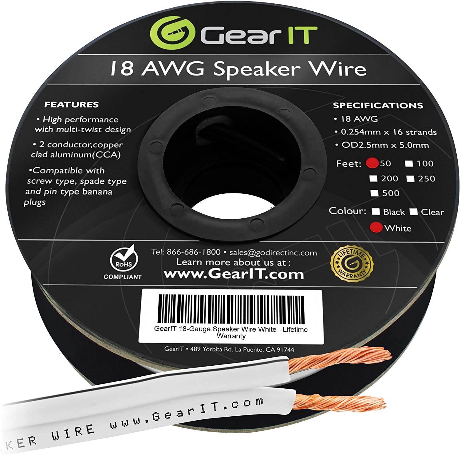 18AWG Speaker Wire GearIT Pro Series 18 AWG Gauge Speaker Wire Cable (50 Feet / 15.24 Meters) Great Use for Home Theater Speakers and Car Speakers White
