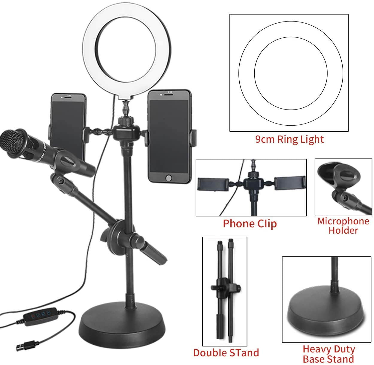 Selfie LED Lights, Dimmable LED USB Clamp Desk Light for Selfie Ring Light with Phone Holder and Microphone Stand 3 Light Modes 10 Brightness Level for Video Live Stream Broadcast USB Powered