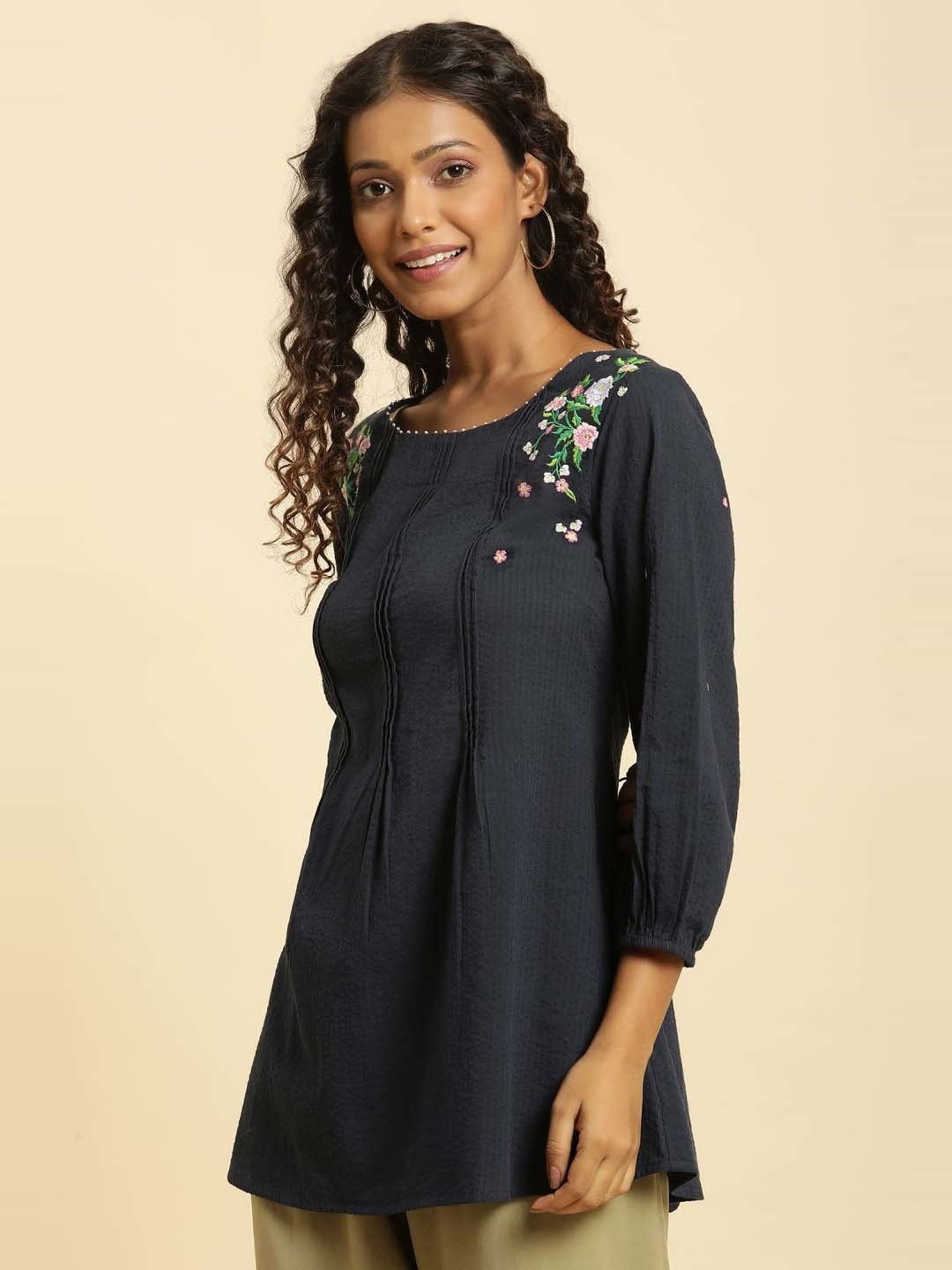 W Navy Cotton Embroidered Top
