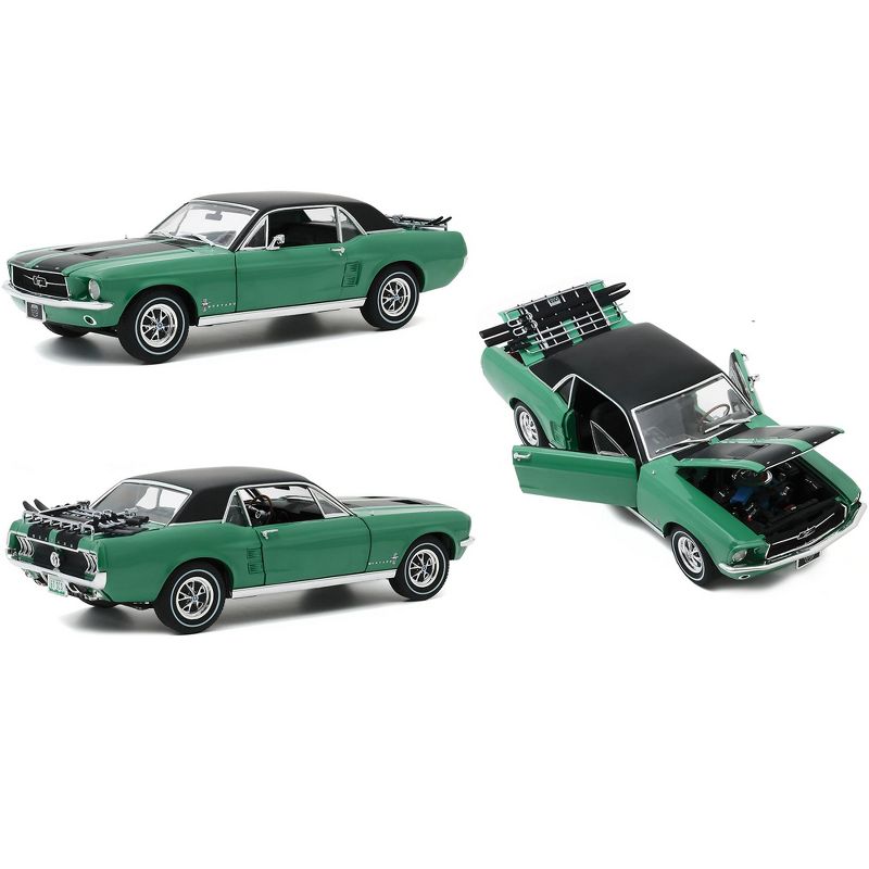 1967 Ford Mustang Coupe Loveland Green Metallic w/Black Stripes & Black Top & a Pair of Skis 1/18 Diecast Model Car Greenlight