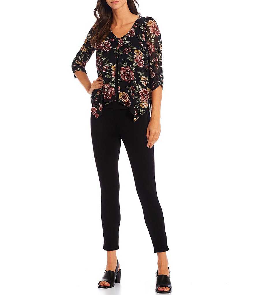 I.N. Studio Floral Print Mesh Overlay V-Neck 3/4 Ruched Sleeve Split Front Hem Detail Popover Top