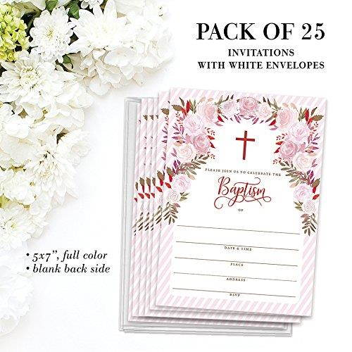 Girl Baptism Invitations with Envelopes (Pack of 25) Pink Christening Invite Large 5x7 Religious Celebration Christian Church Blessing Baptismal Dedication Fill In the Blank Excellent Value VI0095B