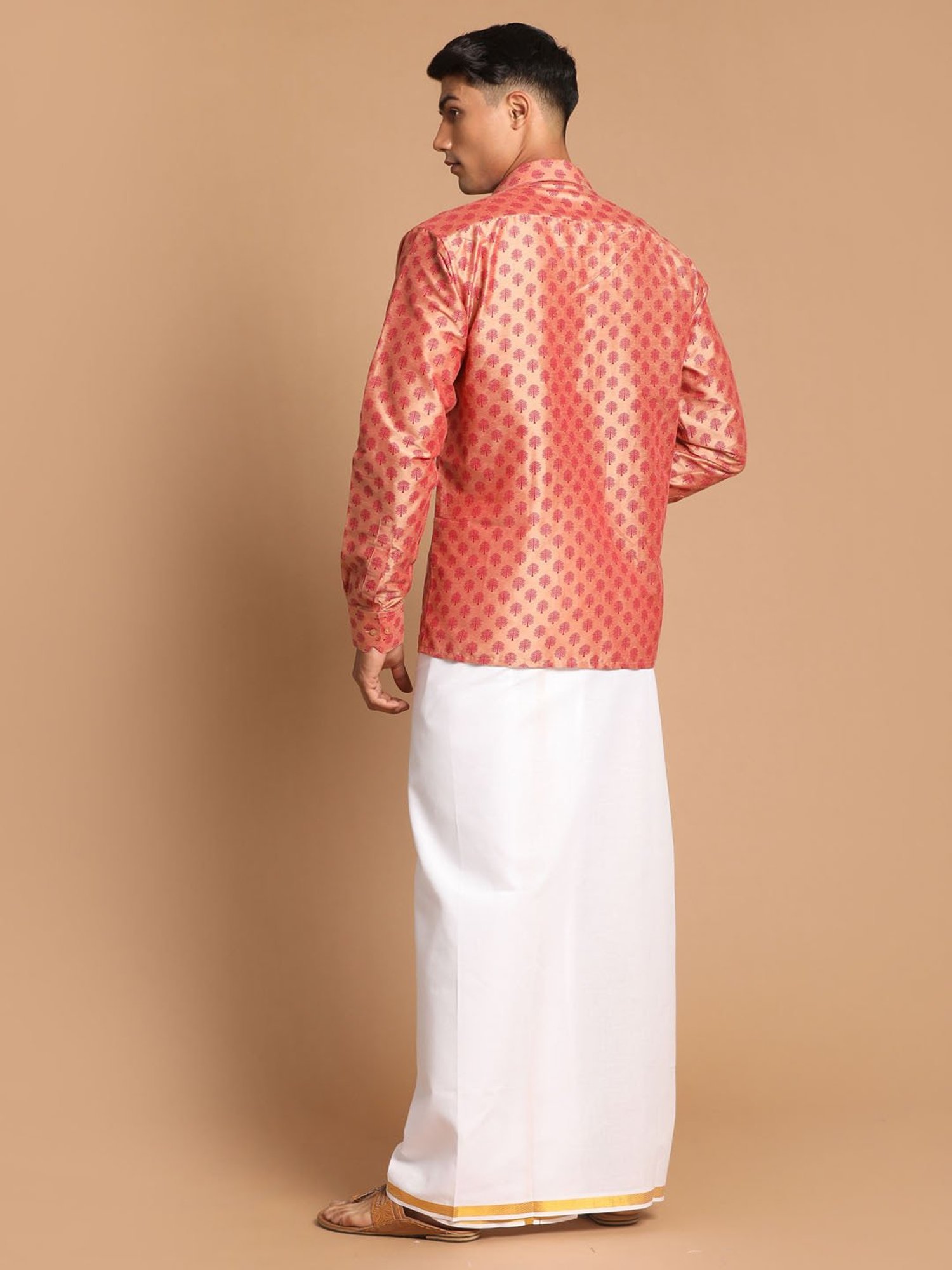 VASTRAMAY Pink & White Regular Fit Printed Shirt & Mundu Set