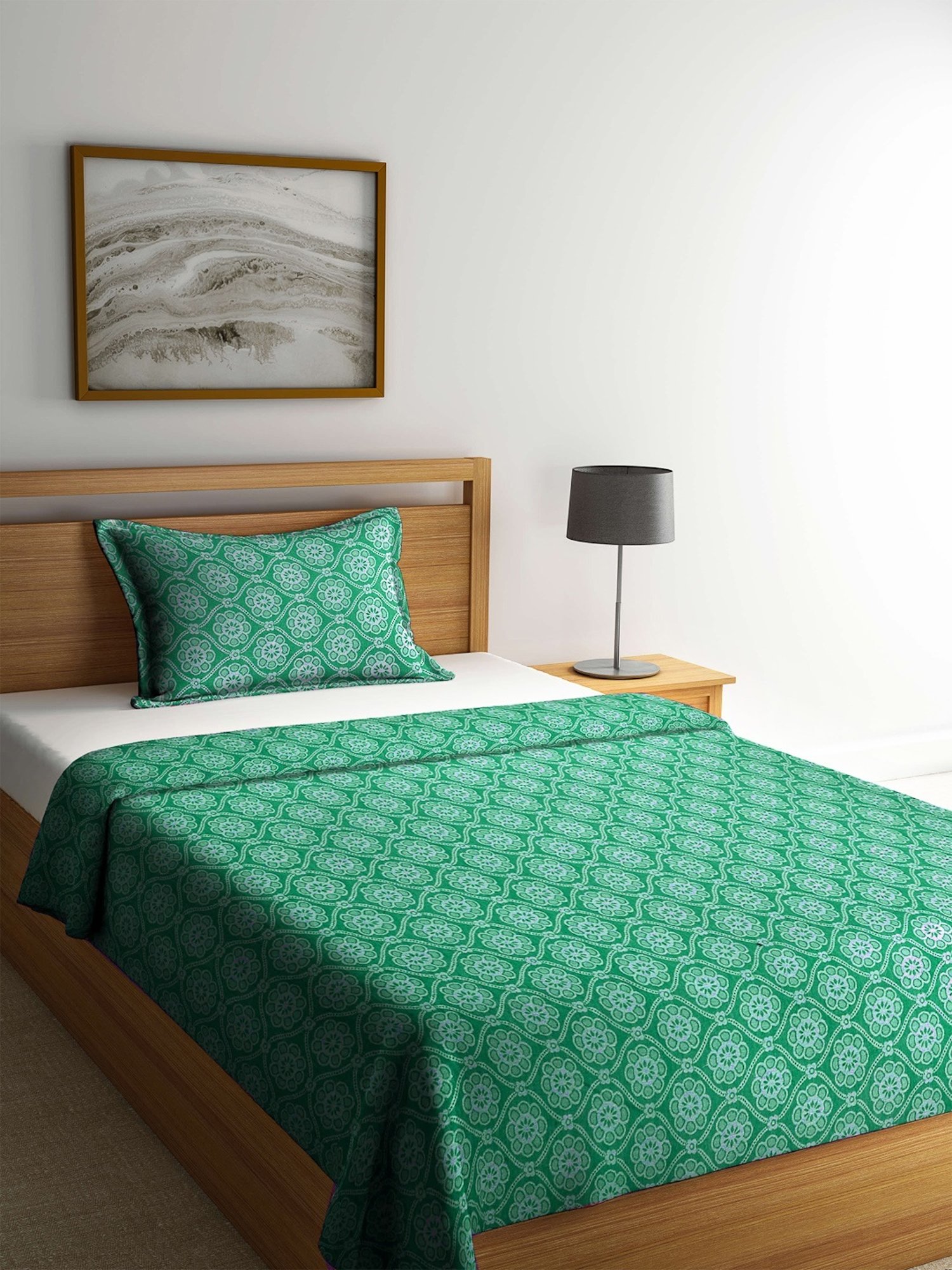 Klotthe Woven Green 350 TC Cotton Single Bed Cover with 1 Pillow Cover