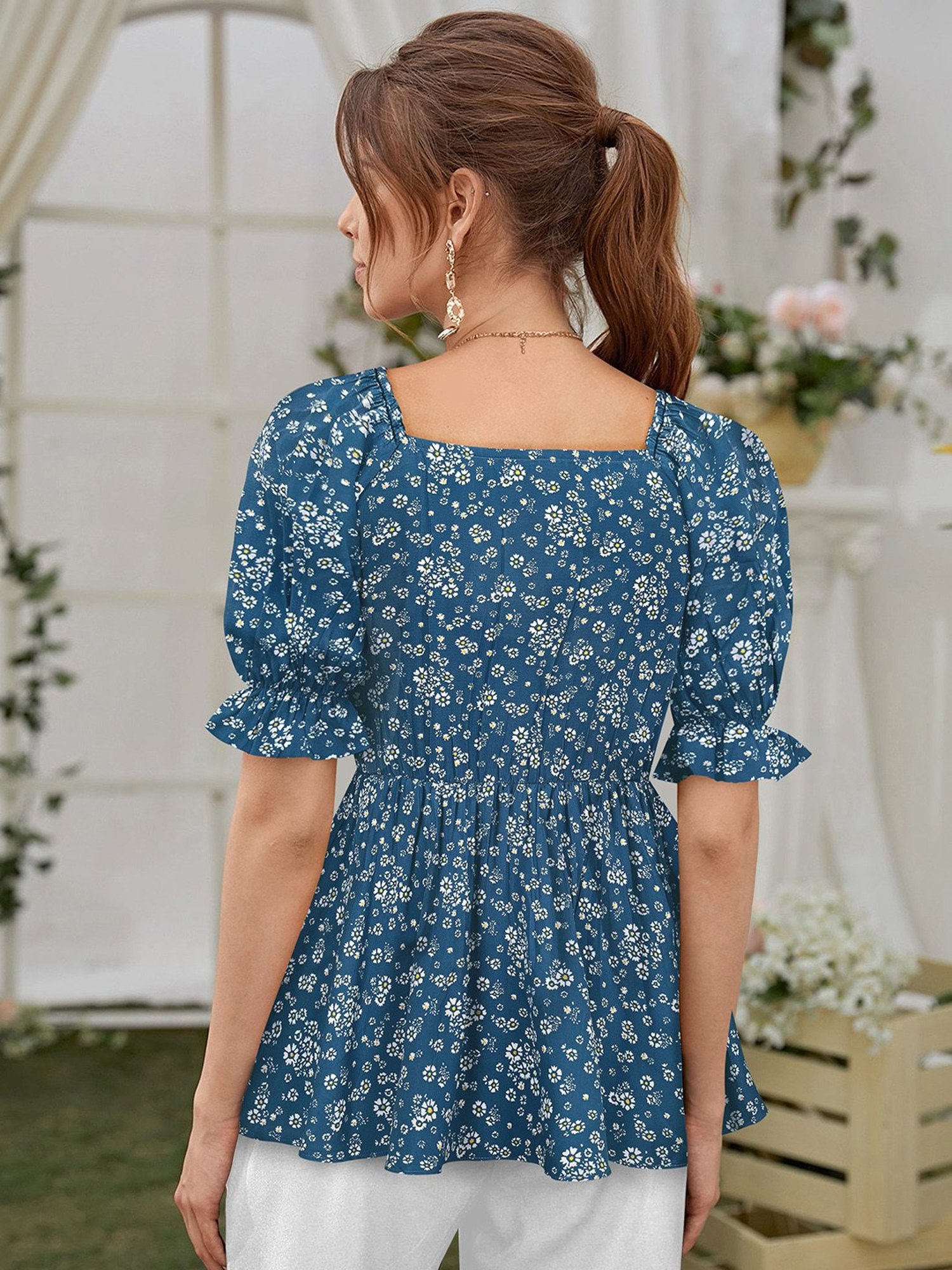 KERI PERRY Blue Cotton Floral Print Top