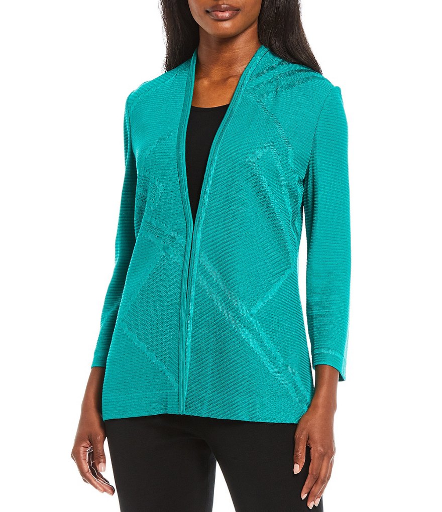 Ming Wang Tonal Geo Jacquard Knit V-Neck 3/4 Sleeve Jacket