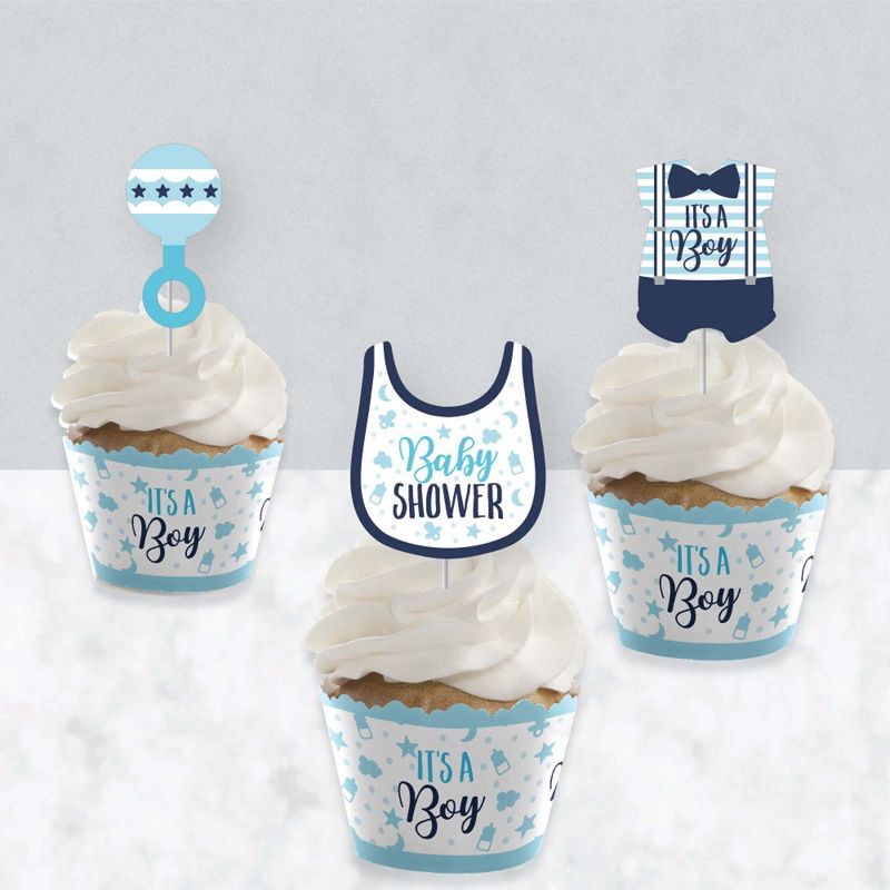Big Dot of Happiness It's a Boy - Cupcake Decoration - Blue Baby Shower Cupcake Wrappers and Treat Picks Kit - Set of 24