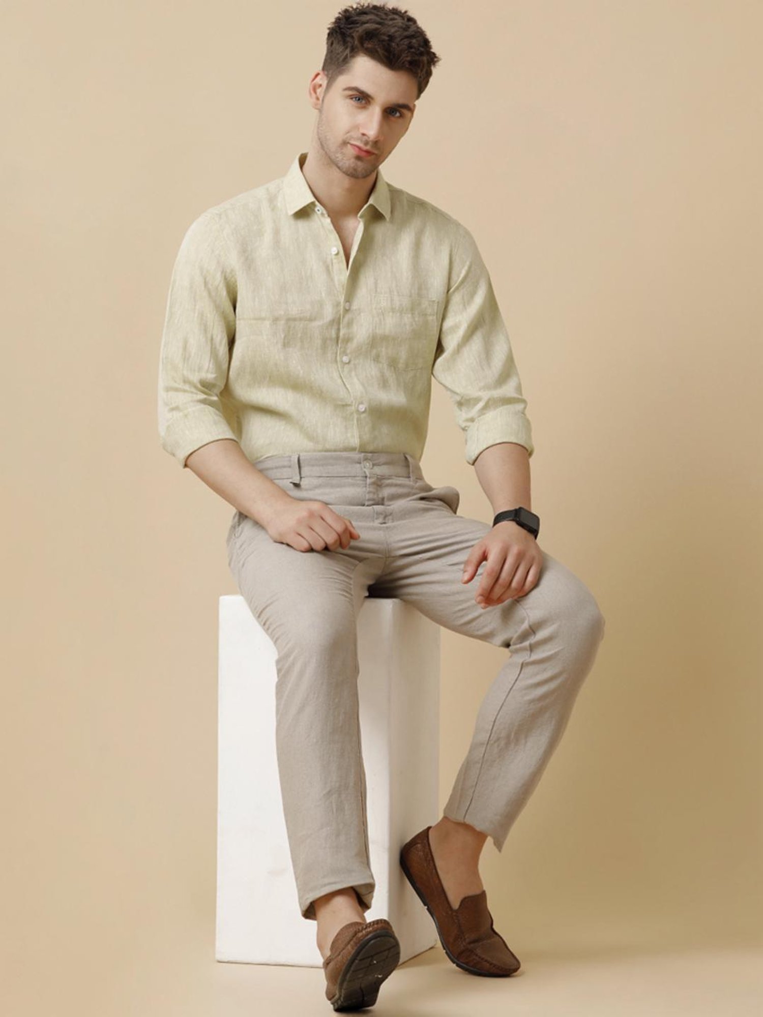 Linen Club Yellow Linen Contemporary Fit Shirt