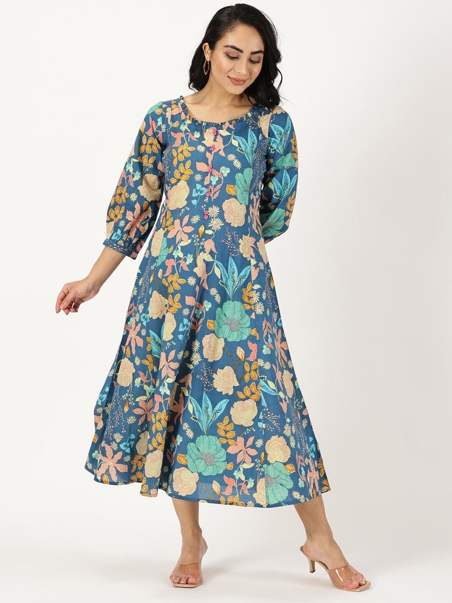 Saffron Threads Blue Cotton Printed Ethnic Dress