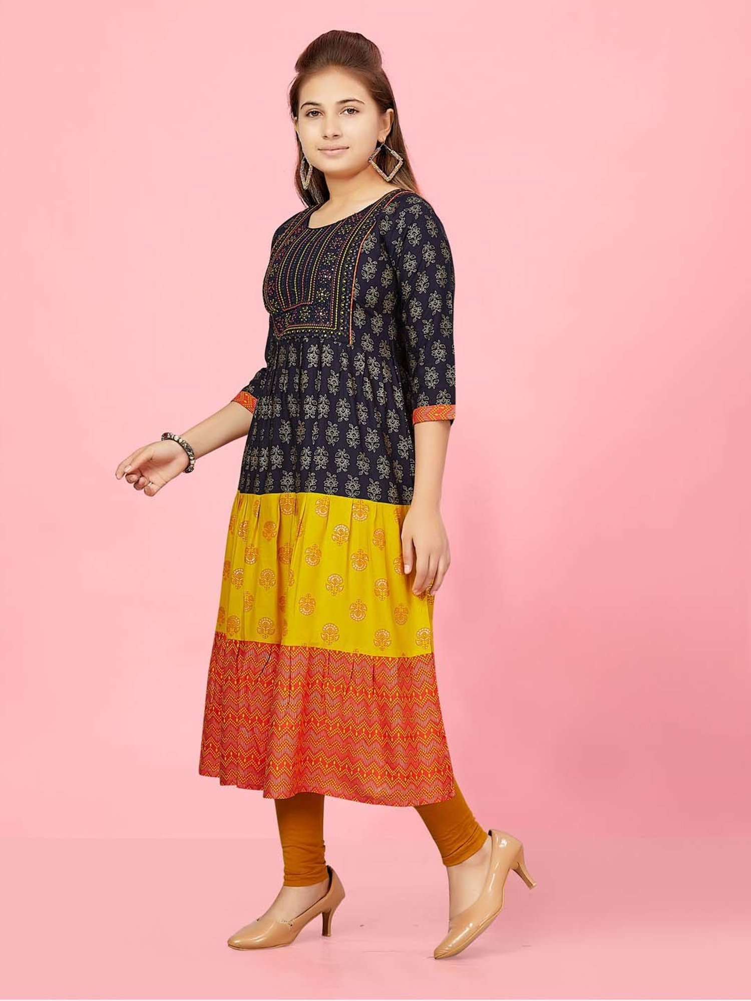 Aarika Kids Navy & Yellow Cotton Embroidered Kurti