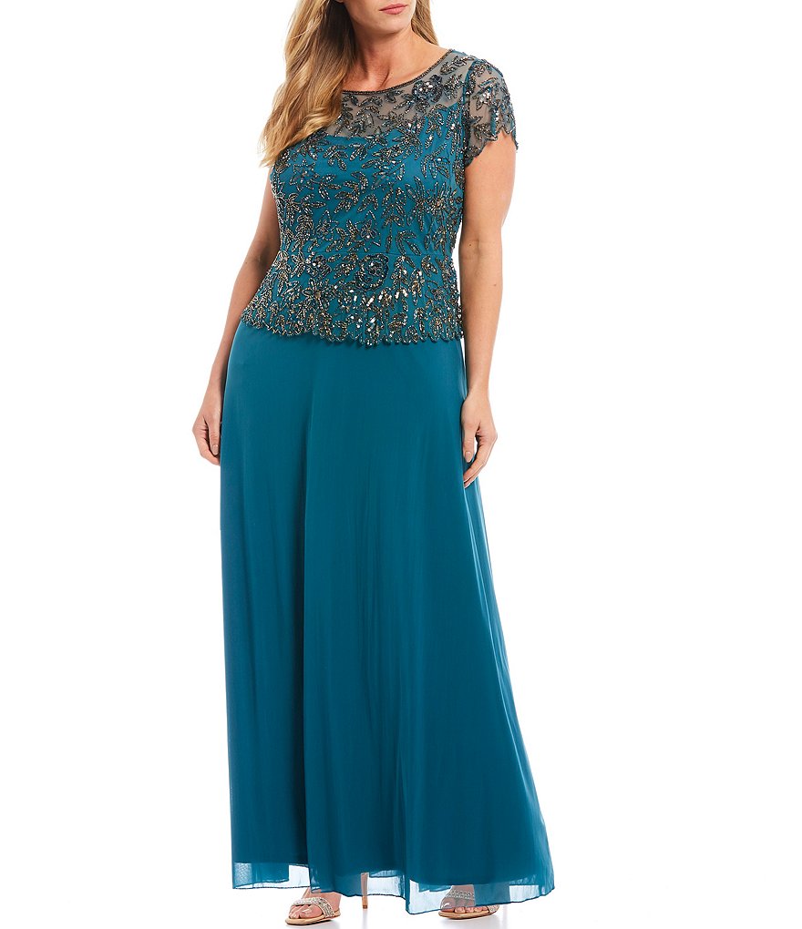 Pisarro Nights Plus Size Floral Vines Beaded Short Sleeve Peplum Flounce Bodice Chiffon Skirted Dress