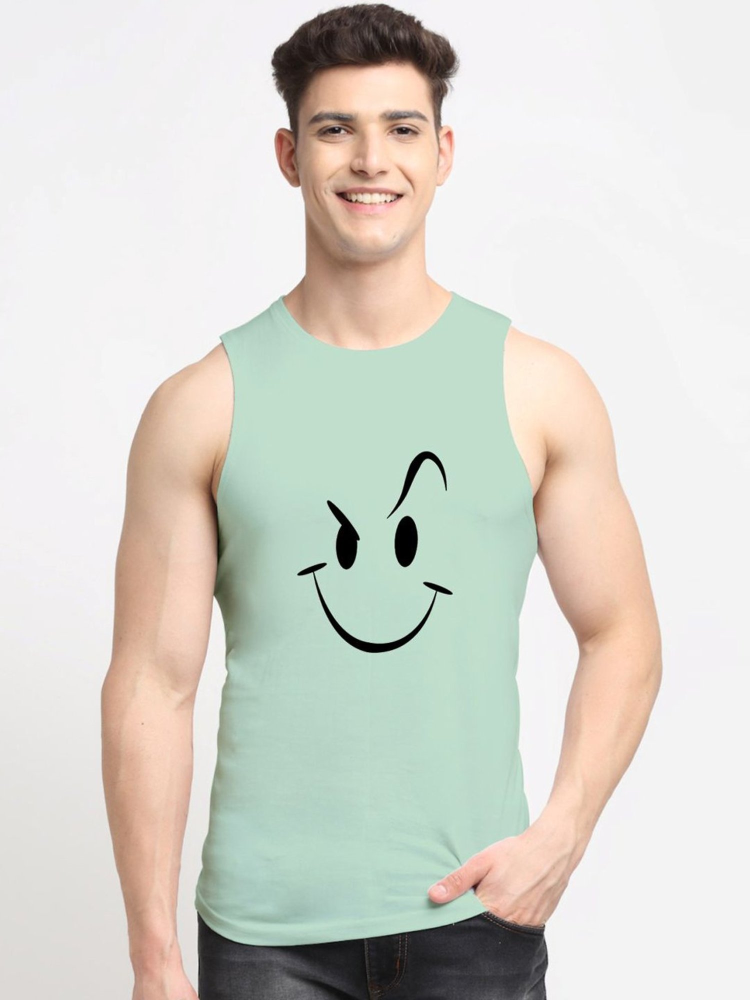 Friskers Green Cotton Slim Fit Printed Vest