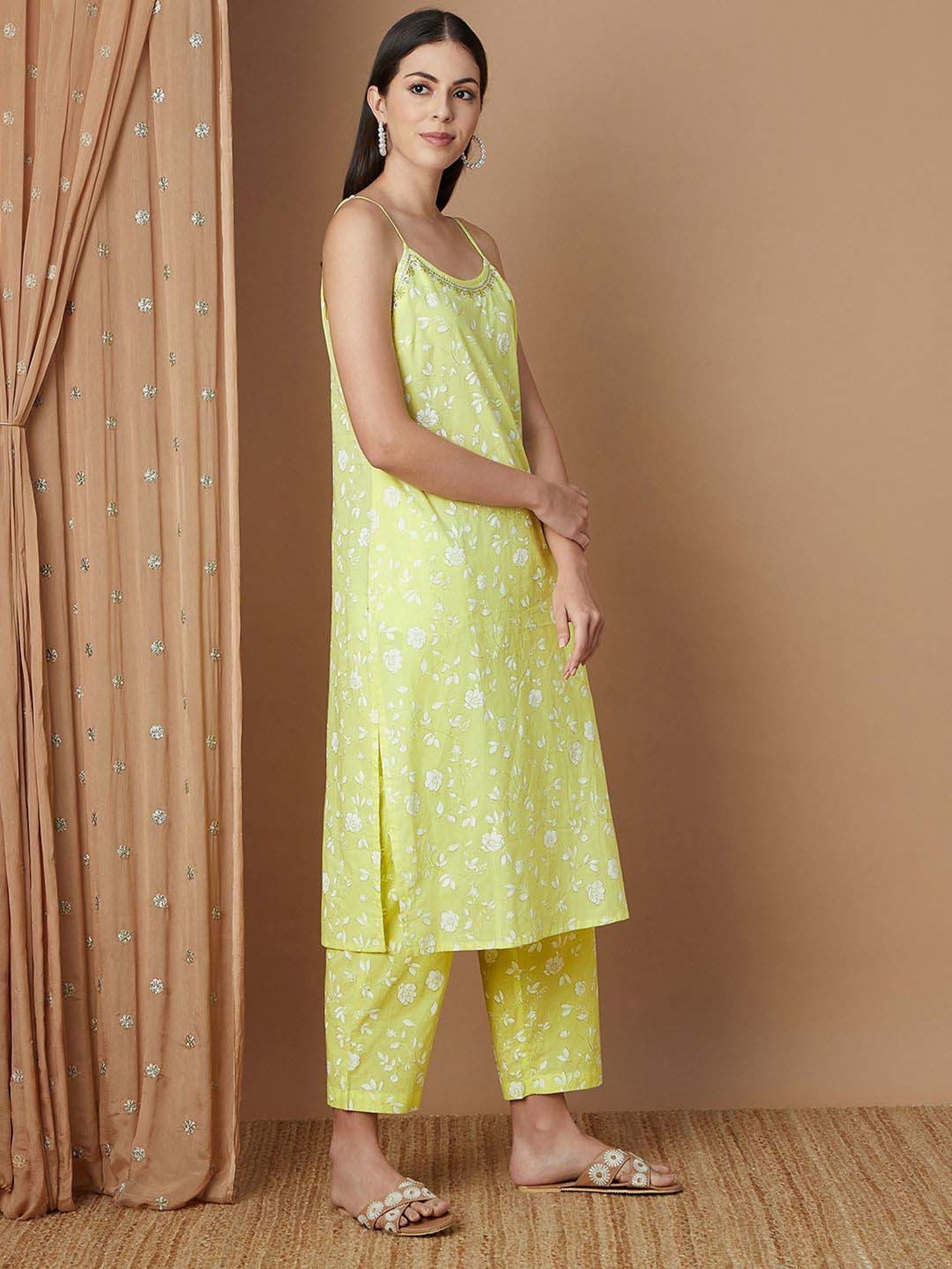 Melange by Lifestyle Lime Yellow Cotton Printed Kurta & Pant Set