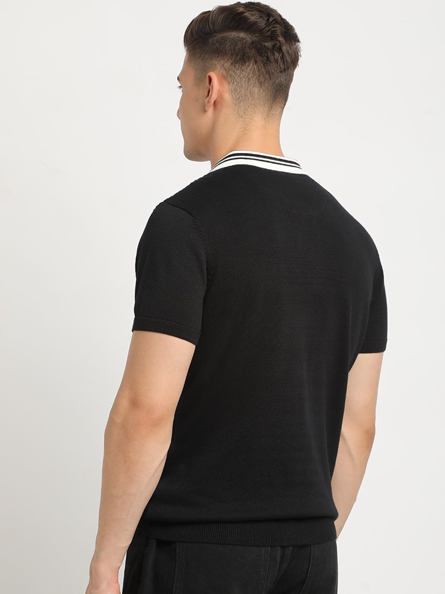 The Bear House Black Cotton Regular Fit Self Pattern Polo T-Shirt