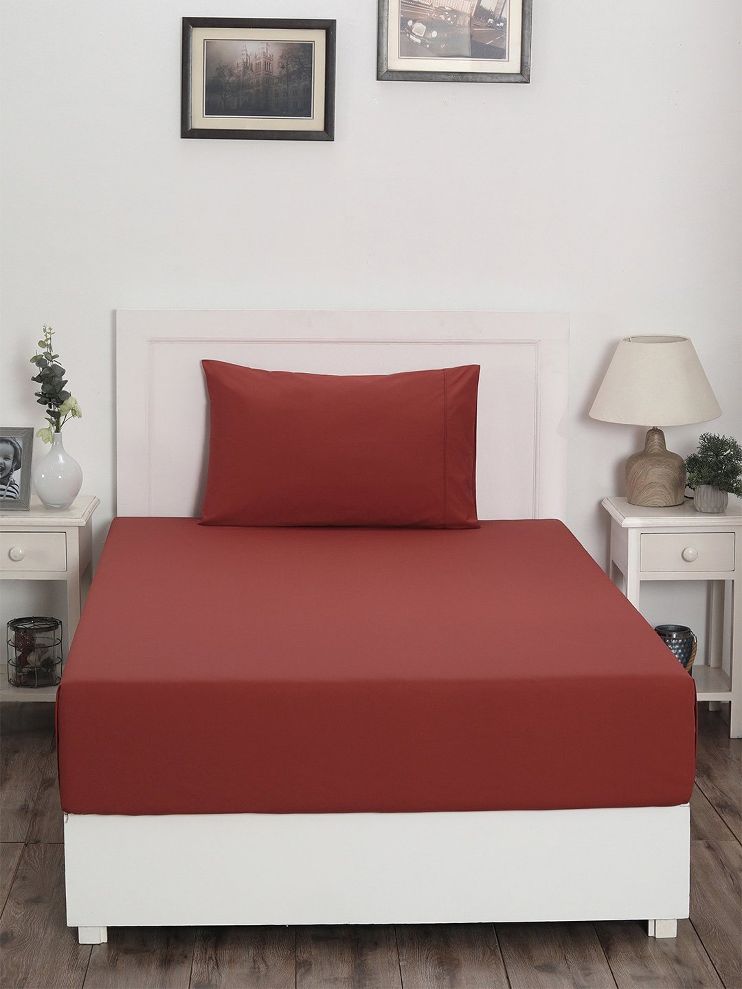 Maspar Colorart Slumber Red 200 TC Cotton Single Size Bed Sheet with 1 Pillow Cover