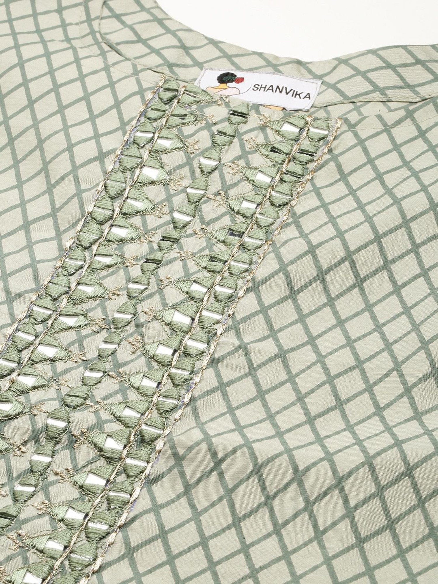 SHANVIKA Light Green Geometric Print Cotton Silk Straight Kurta