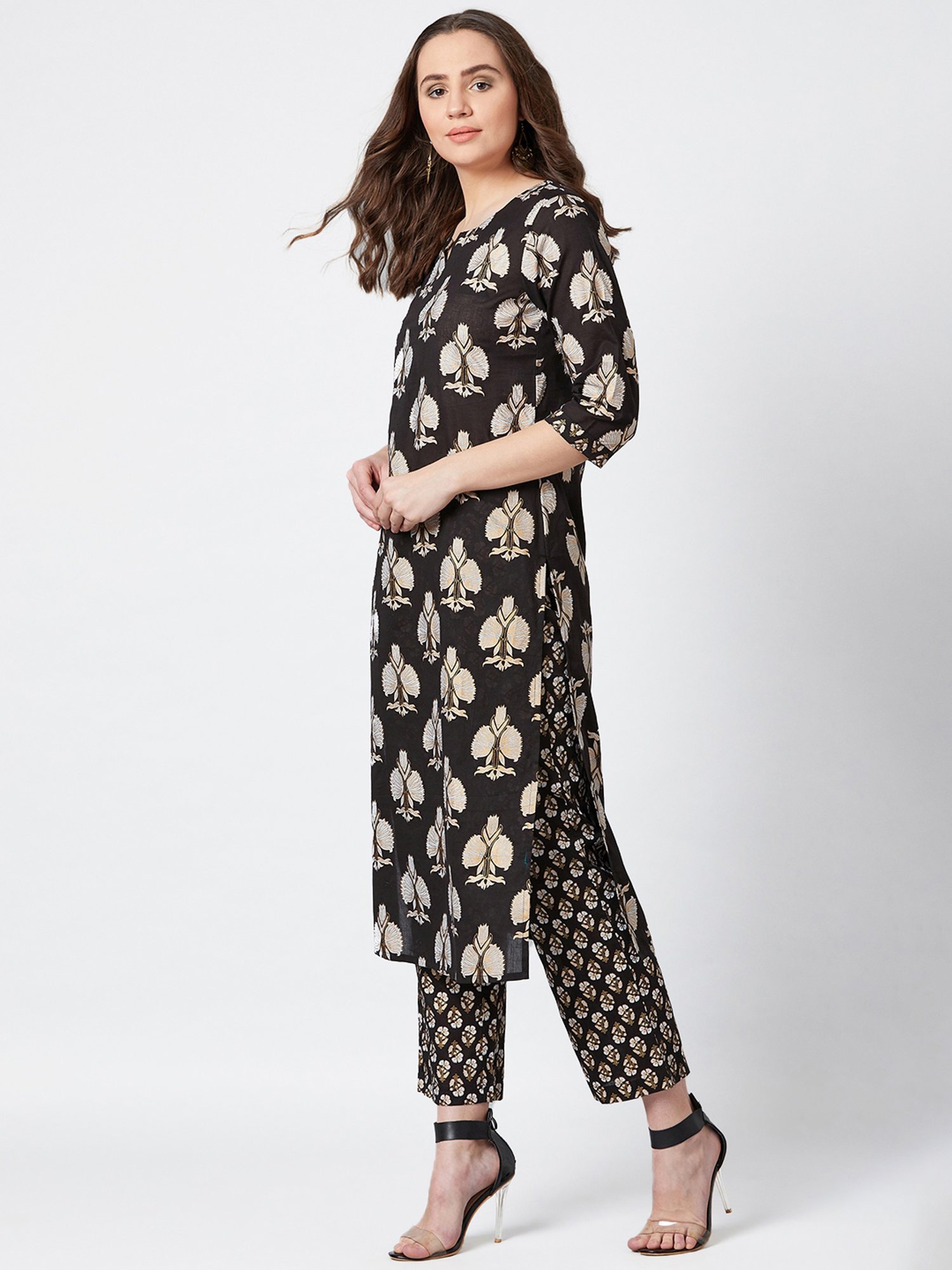 PANIT Black Printed Cotton Kurta Pant Set