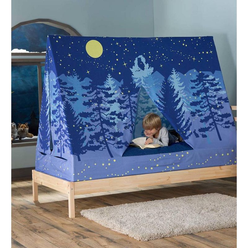 HearthSong - Kids Twin-Sized Forest A-Frame Blue Bed Tent Canopy, Approx. 74 L x 54 H x 35.5 W
