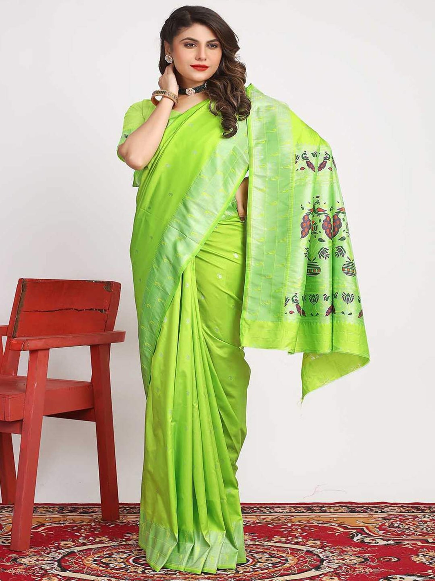 SHUBHKALA Green Silk Woven Saree With Unstitched Blouse