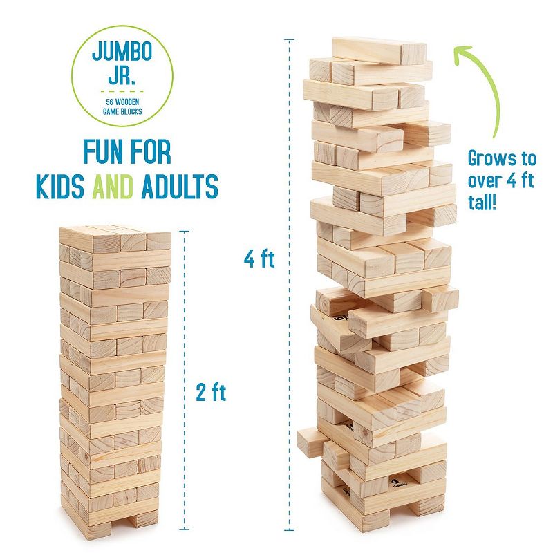 Giantville Indoor Outdoor Backyard Giant 56 Piece Jumbo Junior Solid Pine Hardwood Tumbling Timber Block Toy Tower Game with Storage Bag
