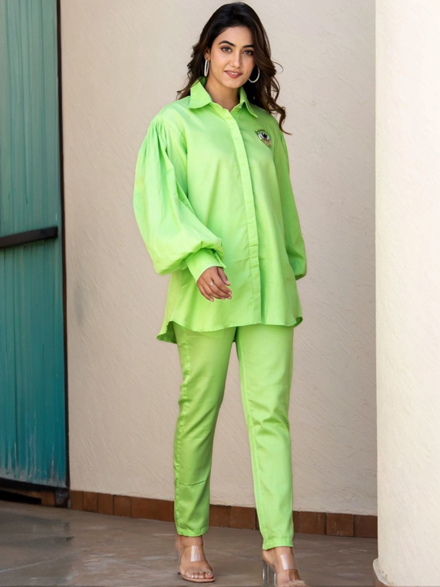 HOUSE OF JAMOTI Green Cotton Embellished Tunic Pant Set