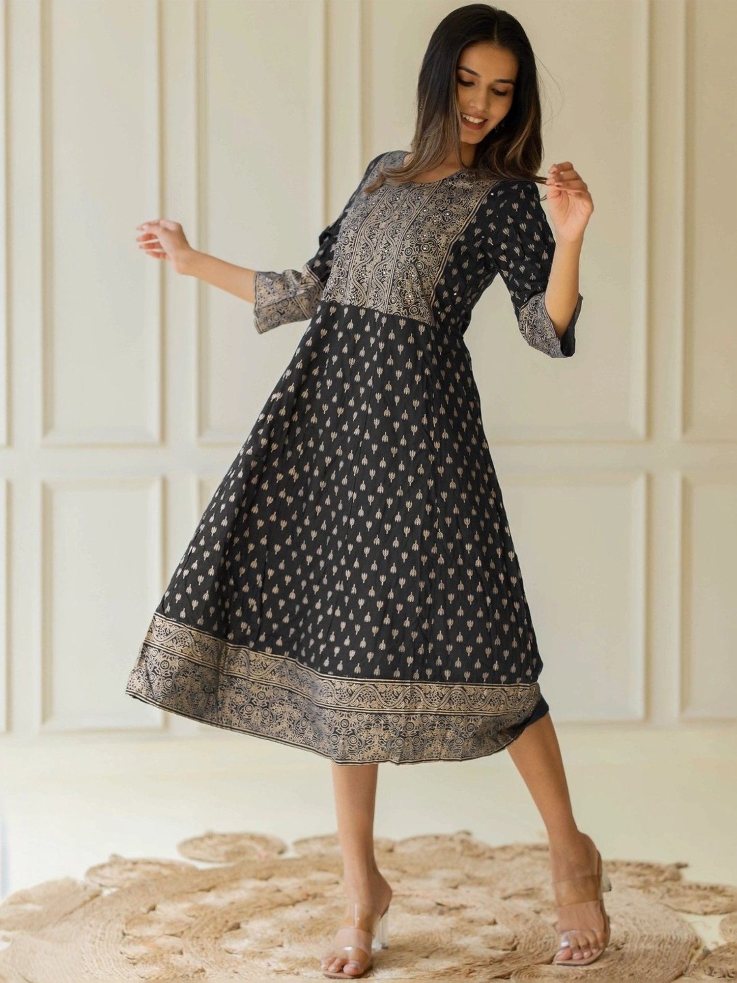 MIRCHI FASHION Black Cotton Printed A-Line Dress