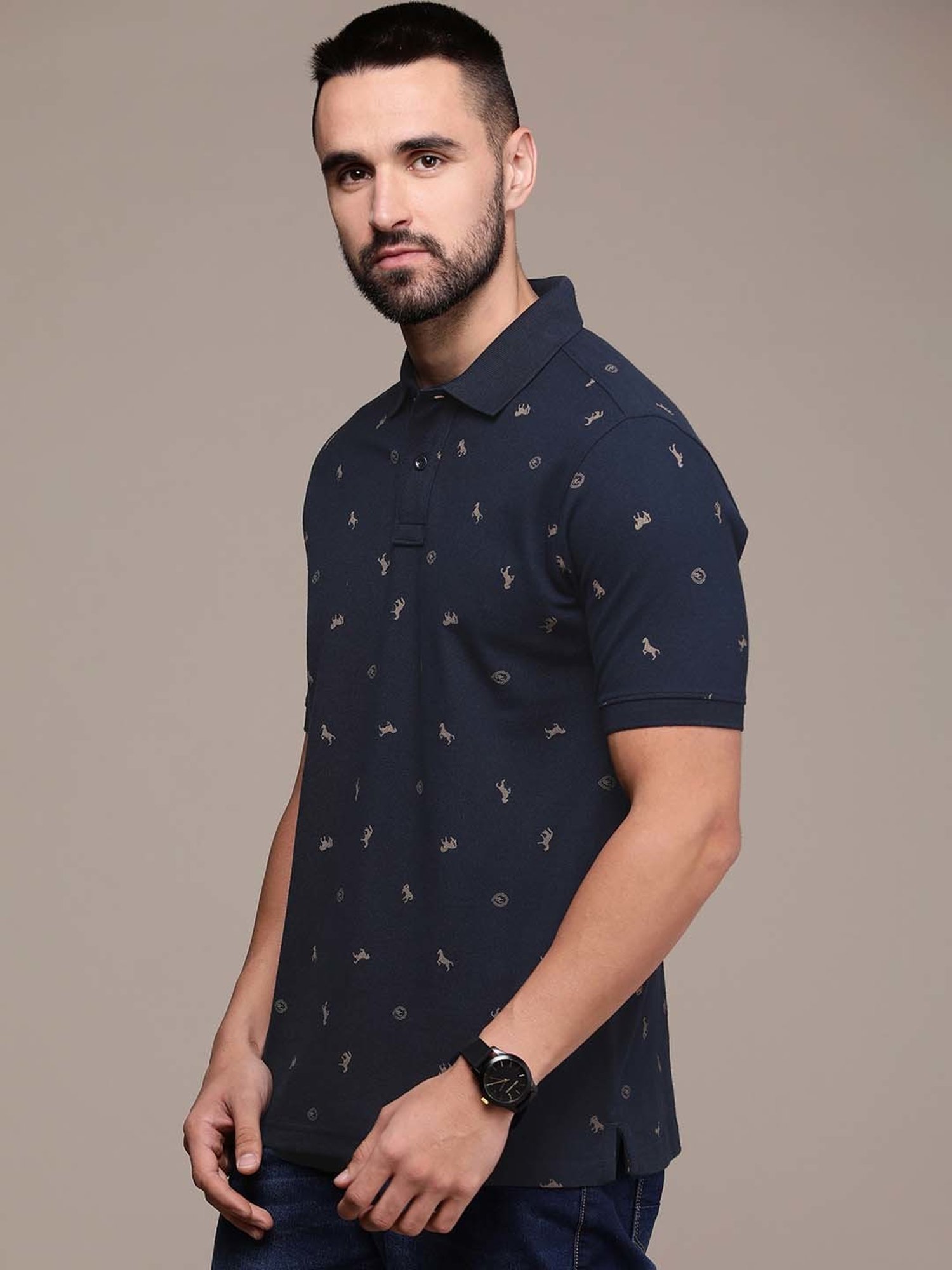 Burnt Umber Navy Regular Fit Printed Polo T-Shirt