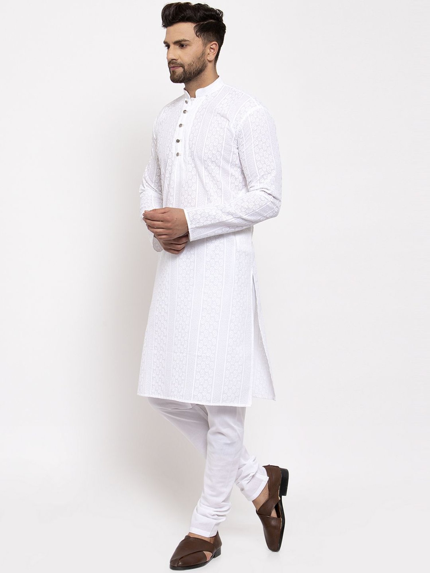 Jompers White Cotton Regular Fit Embroidered Kurta