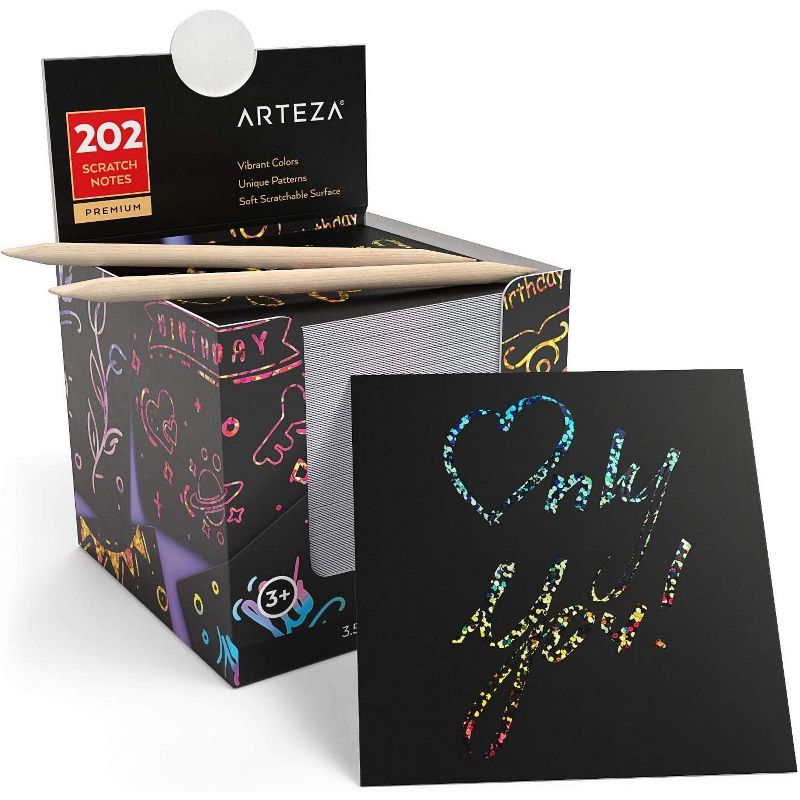 Arteza Scratch Paper Notes Art Supply Set- Rainbow & Holographic - 202 Piece (ARTZ-8714)