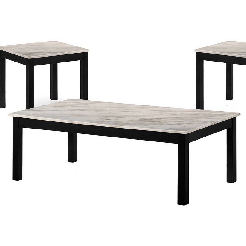 3pc Coffee Table Set with Faux Marble Top White/Black - Benzara