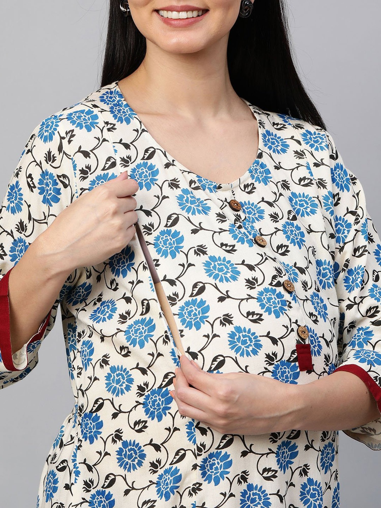 MomToBe Beige & Blue Floral Print Maternity Kurta