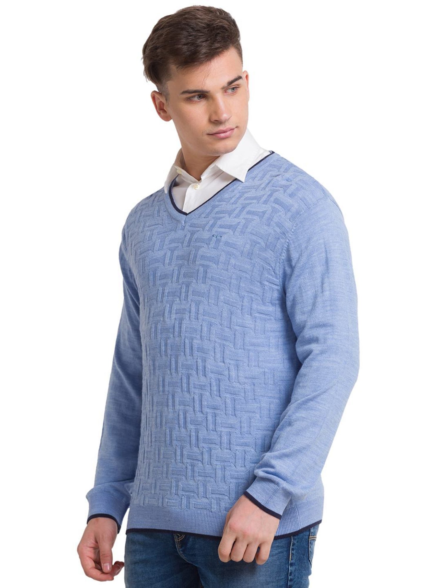 ColorPlus Blue Tailored Fit Self Pattern Sweater