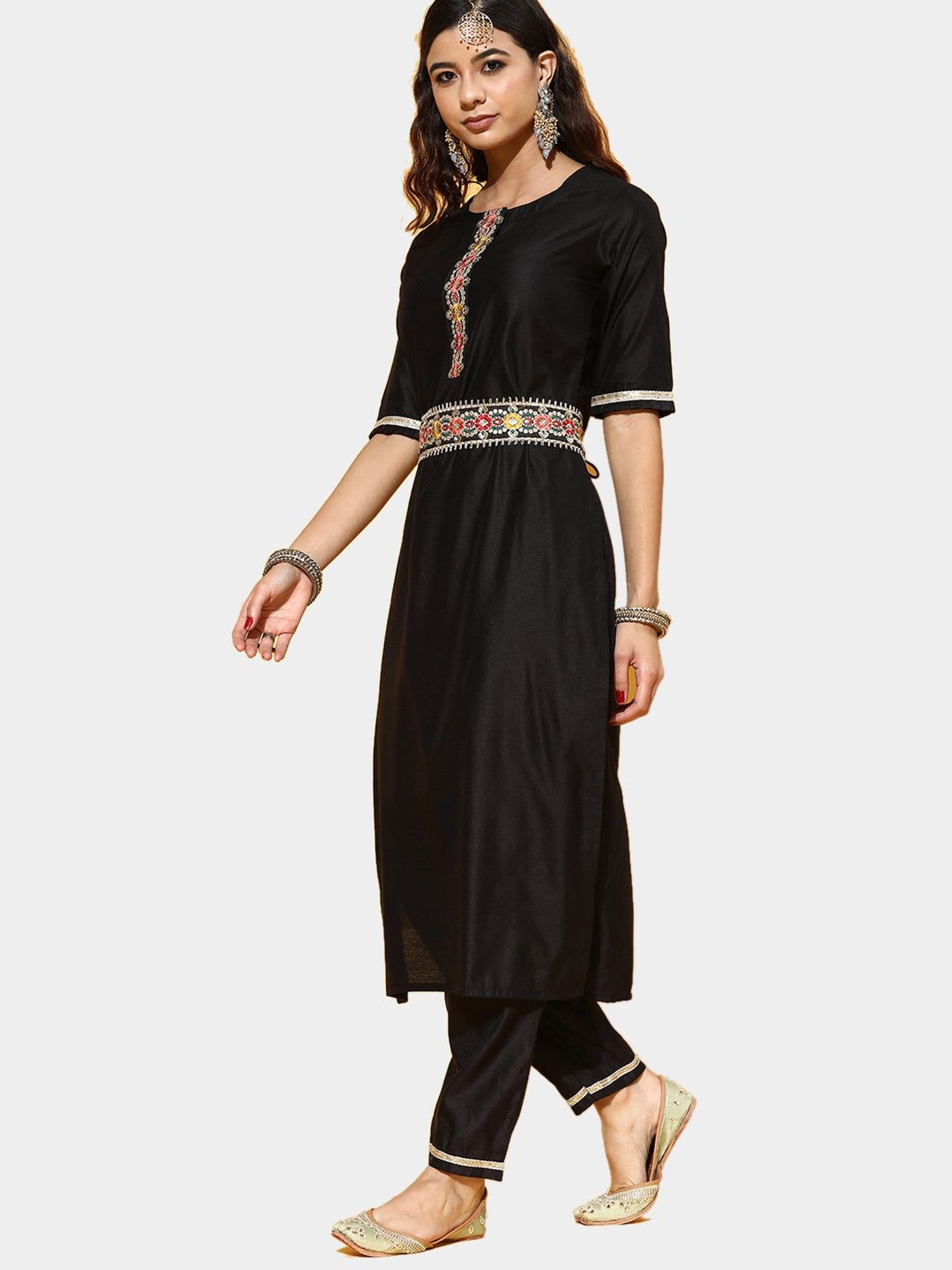Indo Era Black Embroidered Kurta With Pant & Dupatta