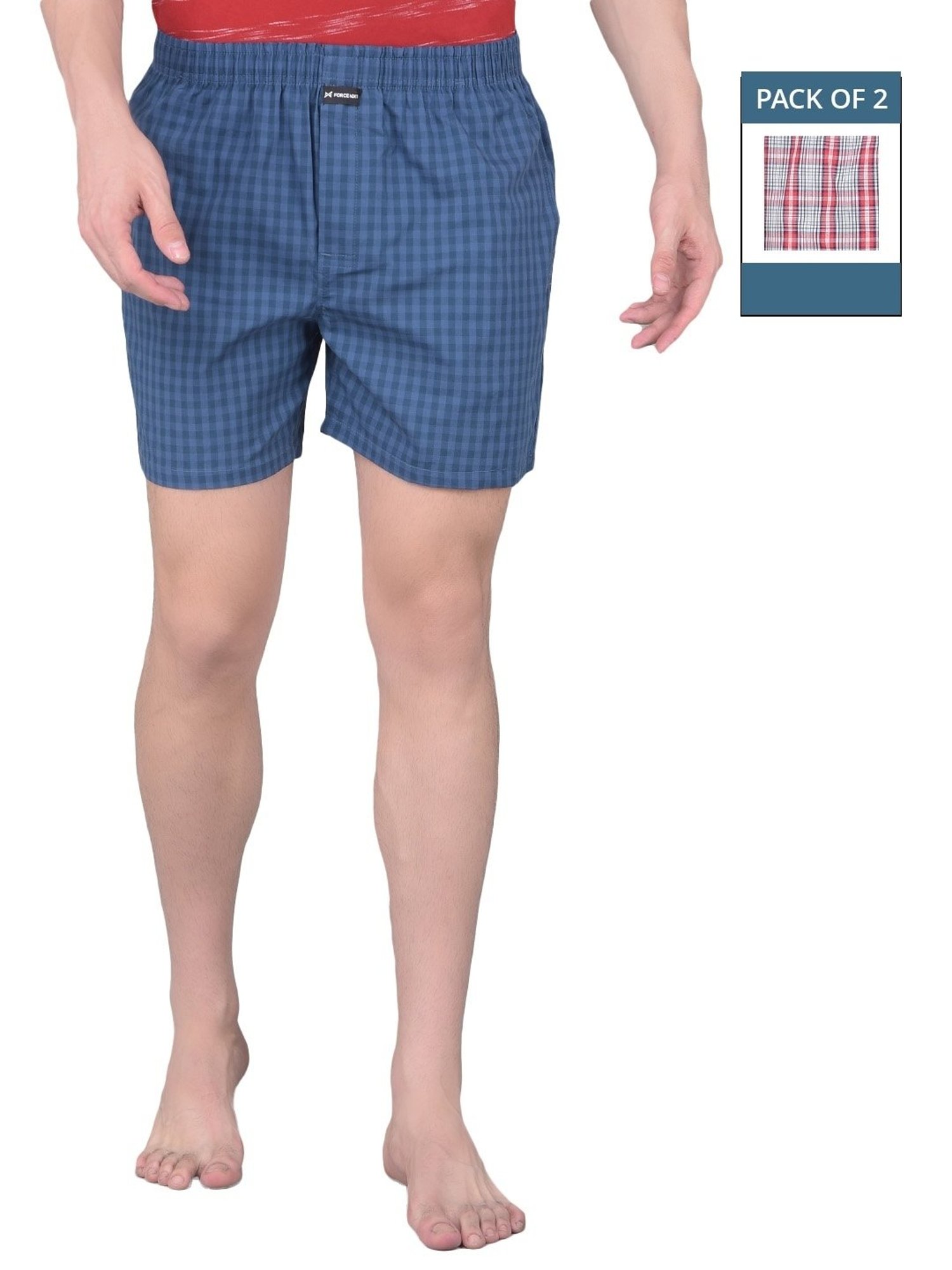 Force NXT Blue & Red Cotton Regular Fit Checks Boxers - Pack Of 2
