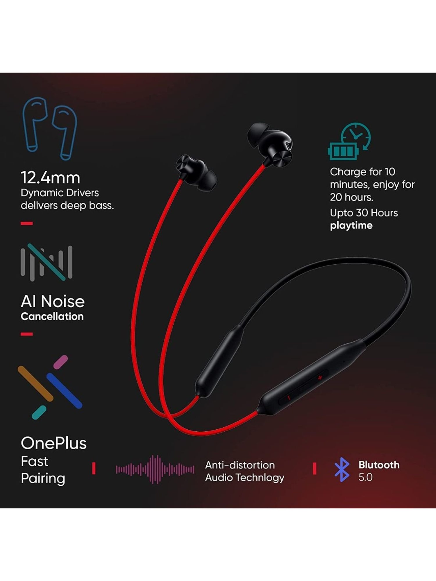 OnePlus Bullets Z2 Bluetooth Wireless Neckband with Mic, 30 Hours Battery Life (Acoustic Red)