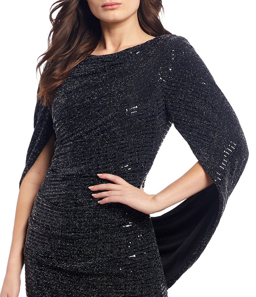 R & M Richards Drape Back Metallic Allover Sequin Gown