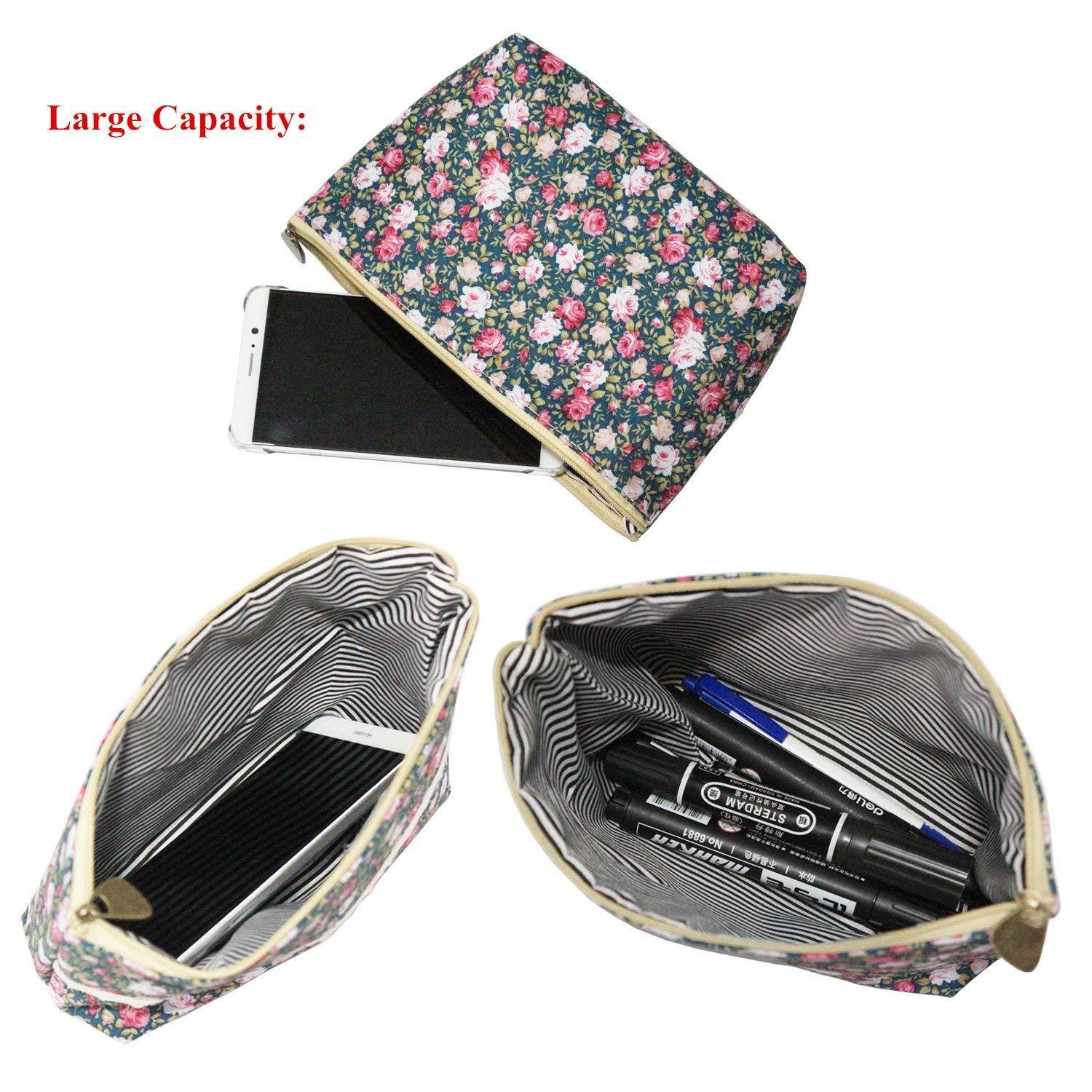 LJY 4 Pieces Assorted Large Capacity Flower Floral Pen Holder Stationery Pencil Pouch Travelling Multi-functional Cosmetic Bags