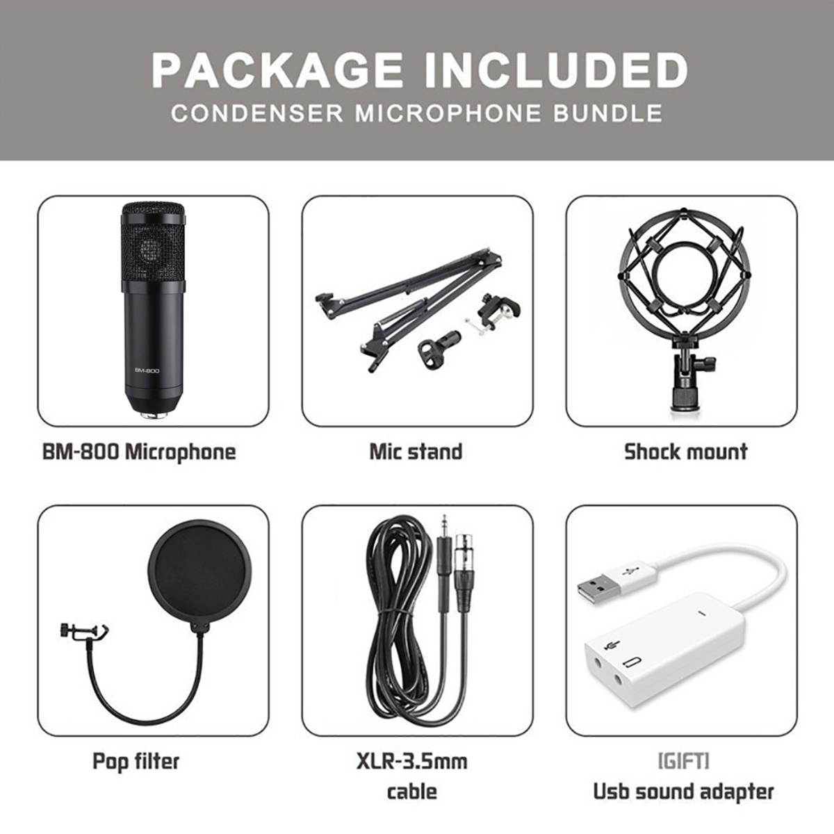 BM-800 Condenser Microphone Kit Pro Audio Studio Recording & Brocasting Podcasts Set