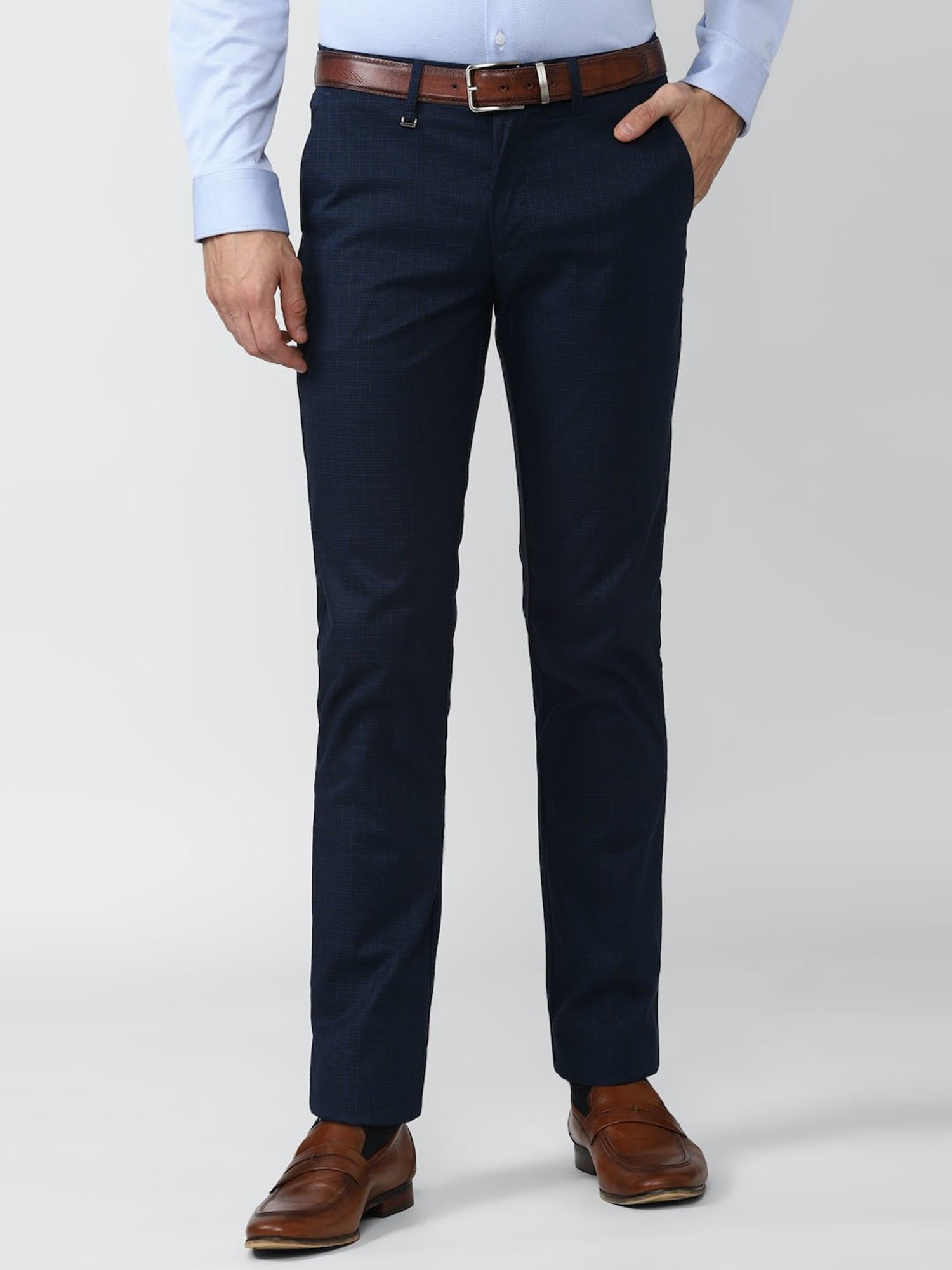 Van Heusen Navy Cotton Slim Fit Checks Trousers