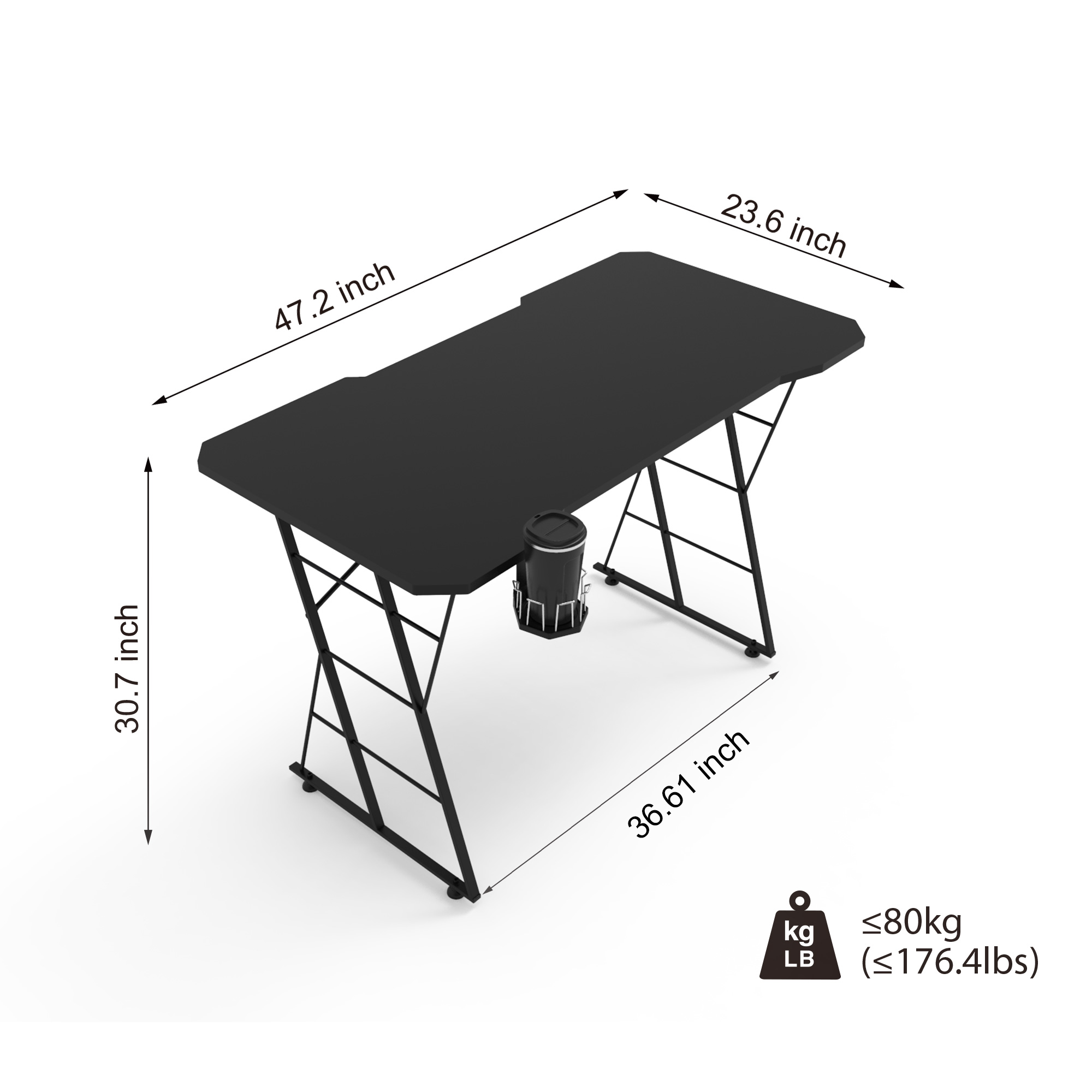 47.2'' Gaming Desk Ergonomic Home Office Desk Writing Table with Cup Holder and Adjustable Leg Pad
