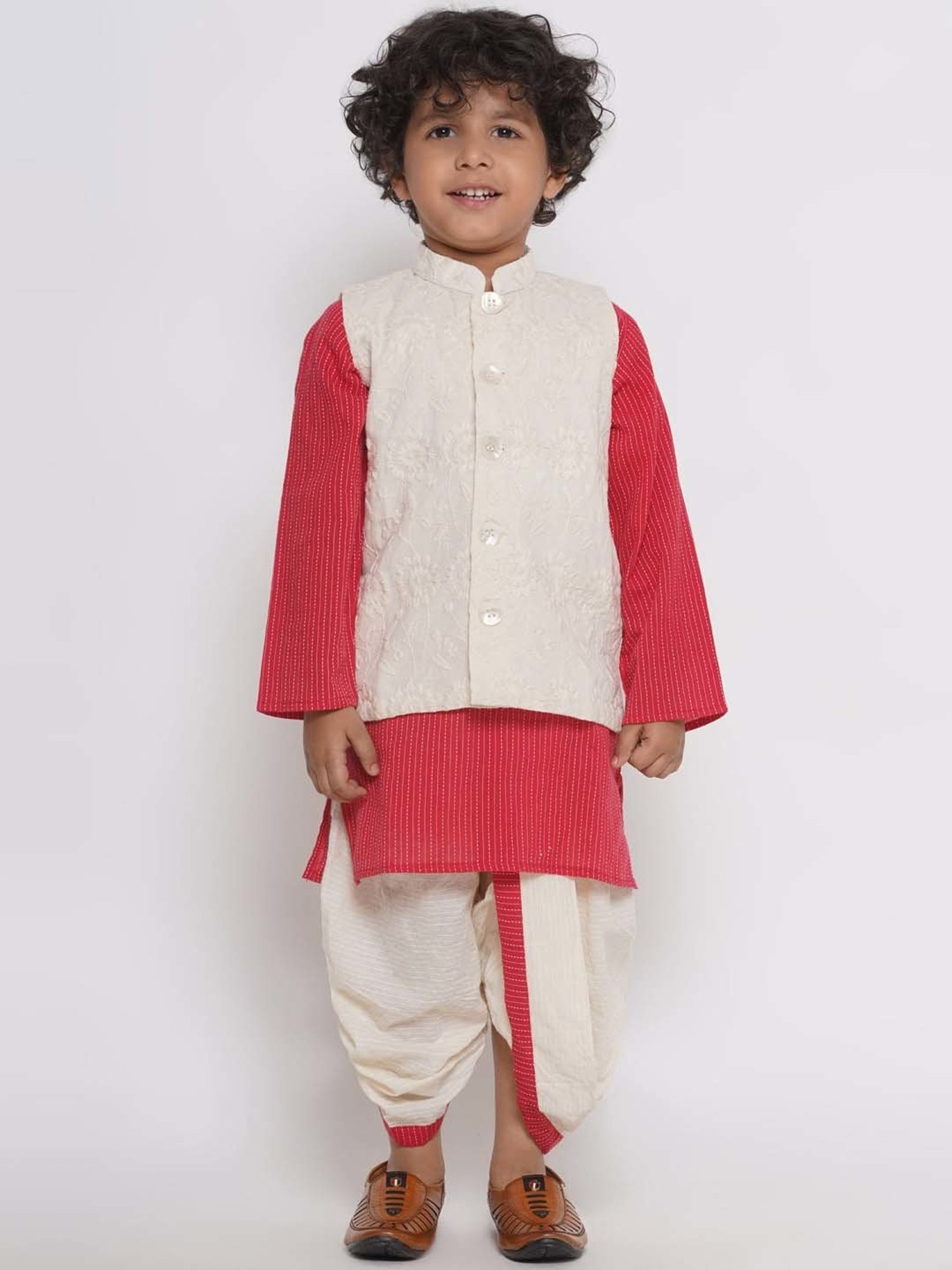 Little Bansi Red & White Cotton Embroidered Full Sleeves Kurta Set