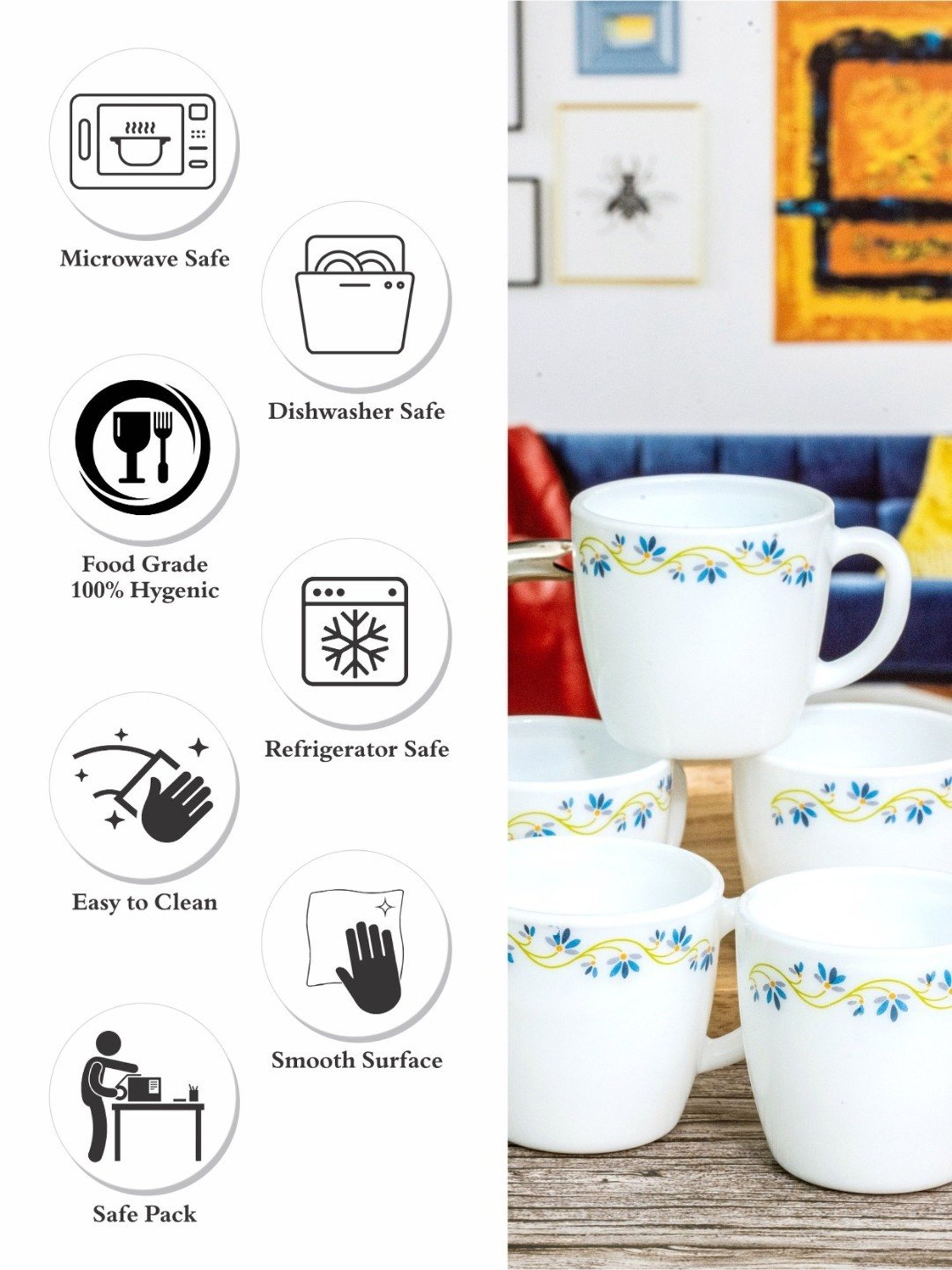 Cello White Opalware Tea & Coffee Mug - Set of 6