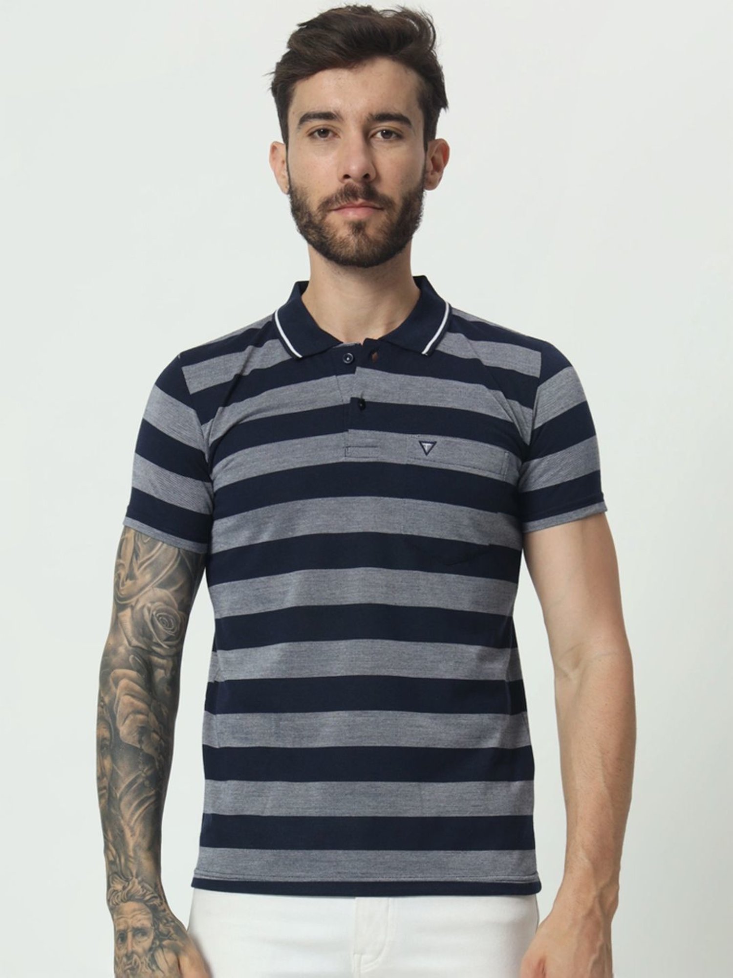 Tab91 Blue Regular Fit Striped Polo T-Shirts