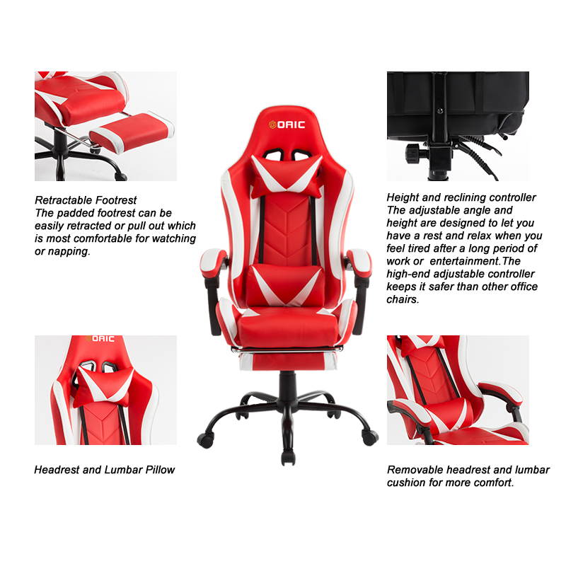 Goaic Gaming Chair PC Racing Game Chair Ergonomic 135&deg; Adjustable Reclining Office Chair with Footrest, High Back Office Desk Computer Chair with Headrest and Lumbar Pillow Support (White/Red)