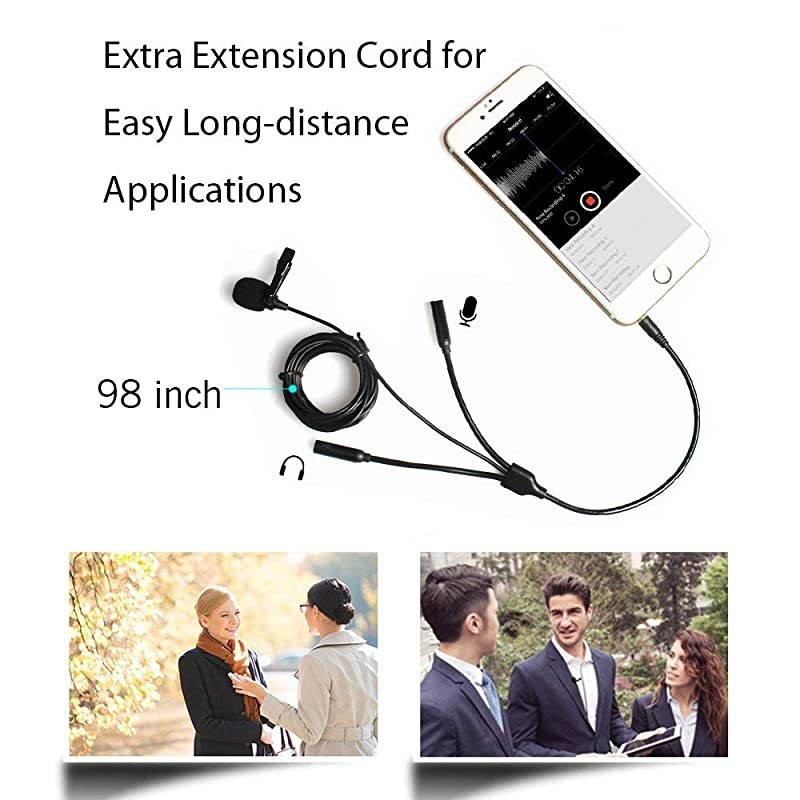2 Pack Lavalier Microphone  Professional Omnidirectional Condenser Interview Clip on Lapel Mic with Headphone Jack Compatible with iPhone, iPad, Android, Camera, Computer, PC, Tablets, AU-303