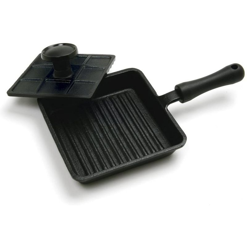 Norpro Cast Iron Mini Single Sandwich Stovetop Outdoor Kitchen Camping Panini Press Burger Bacon Grill Pan with Press, Black
