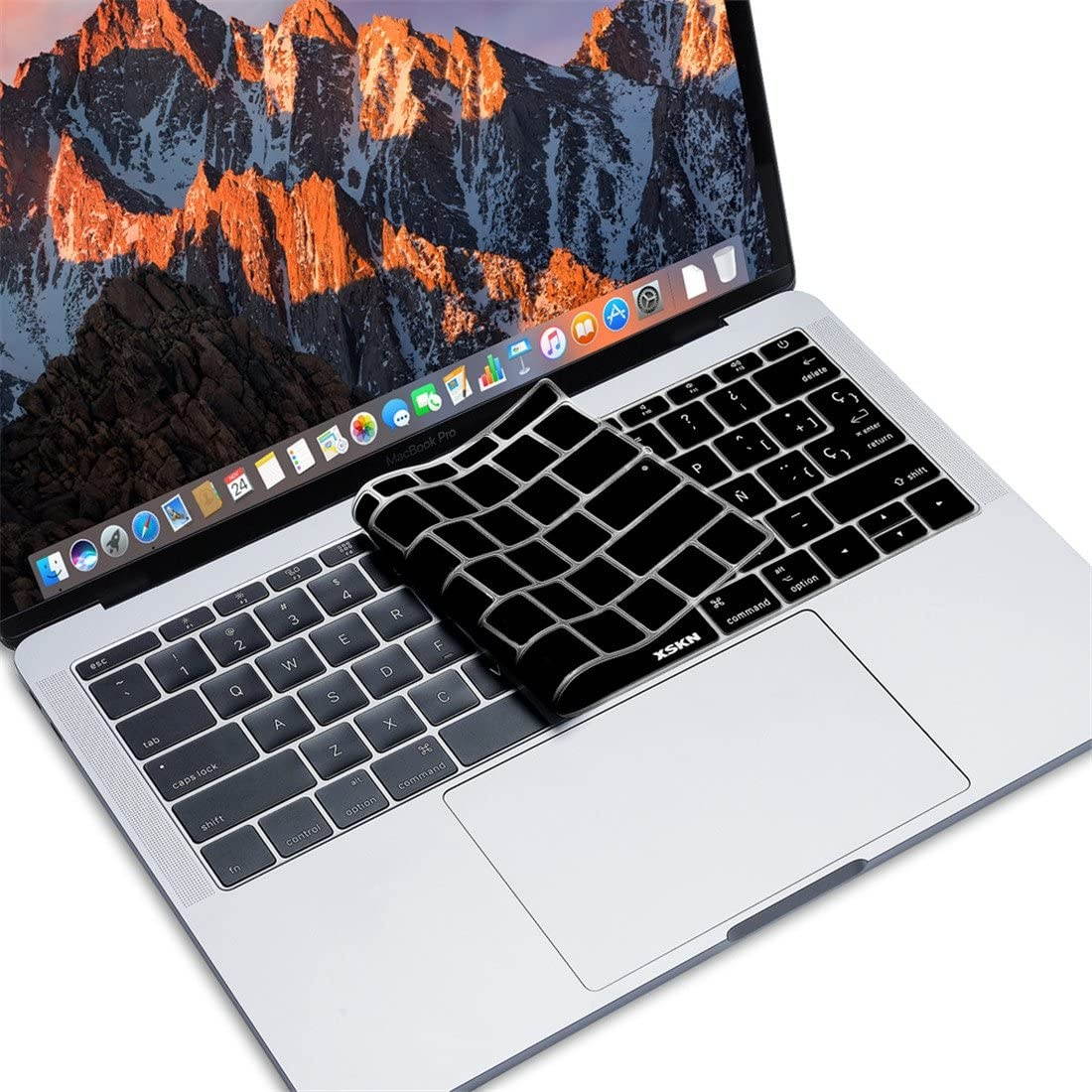 XSKN Spanish Silicone Keyboard Skin Cover for New MacBook Pro 13 (2016 Release, Model A1708, Flat Key, No Touch Bar) and New MacBook 12 (2015 Release, Model A1534), US EU Version (Black)