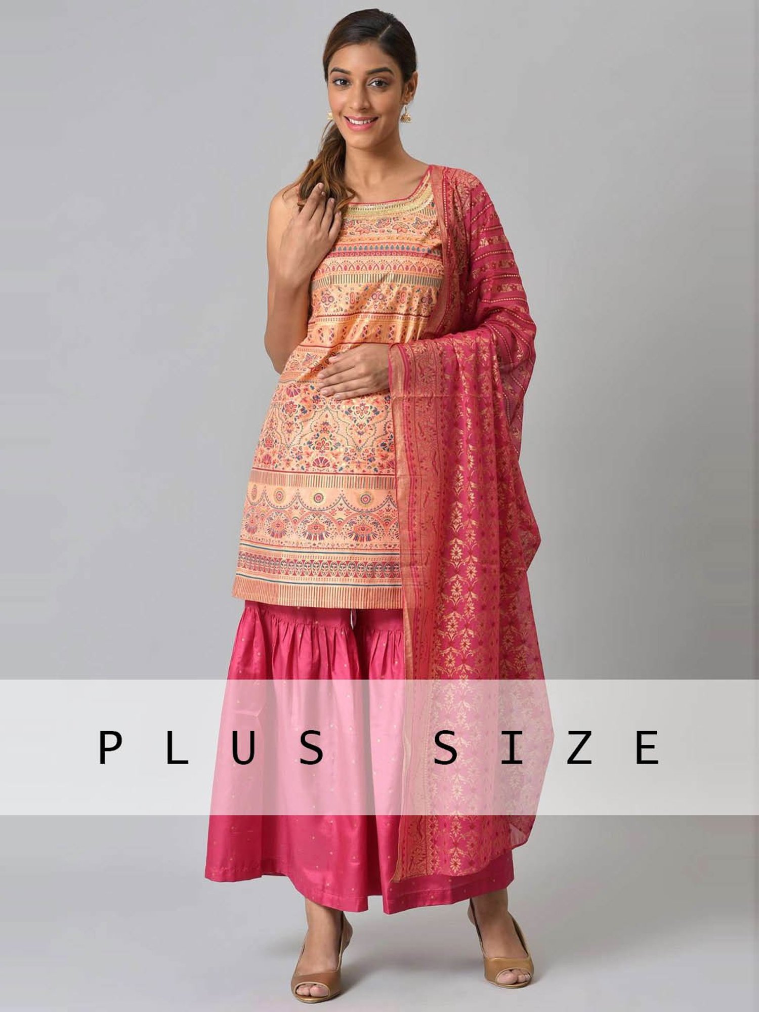 Aurelia Peach & Pink Printed Kurti Sharara Set With Dupatta