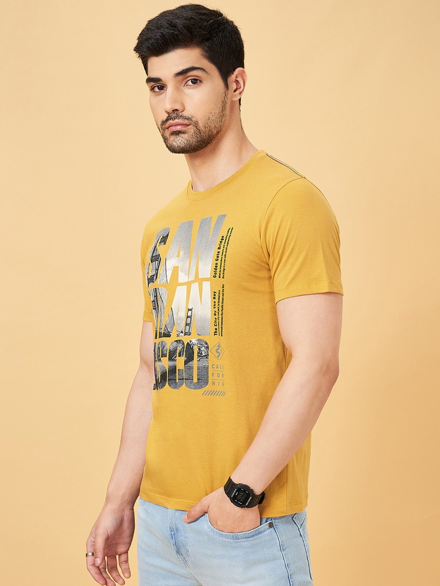 Sf Jeans By Pantaloons Yellow Slim Fit Printed T-Shirt